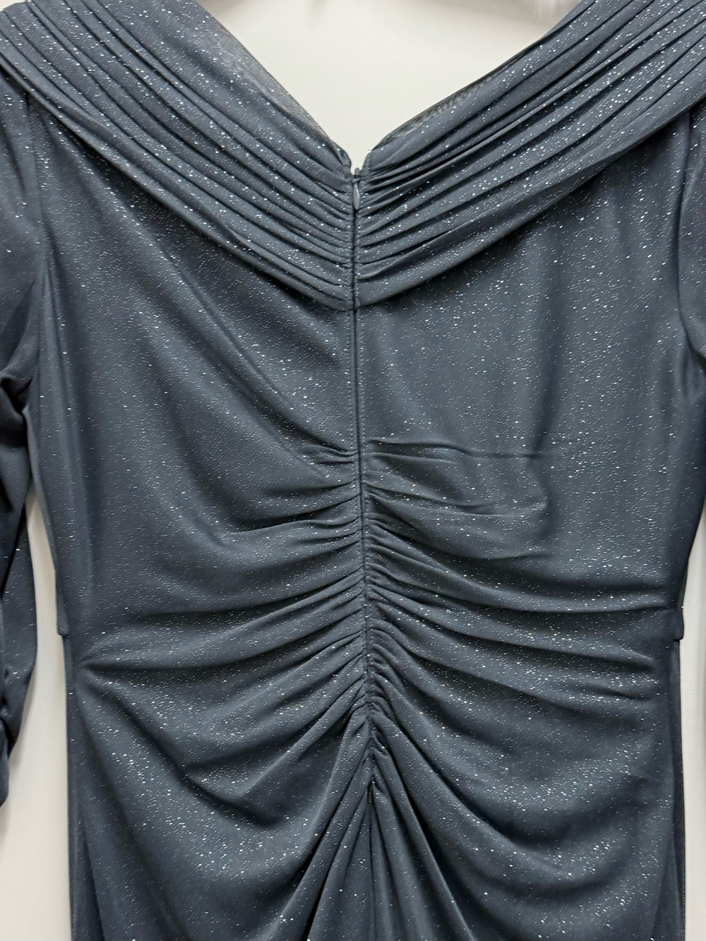 Alex Evenings Charcoal Sparkle Wrap-Front Long Sleeve Gown With Sheer Sleeves - Picture 12 of 14